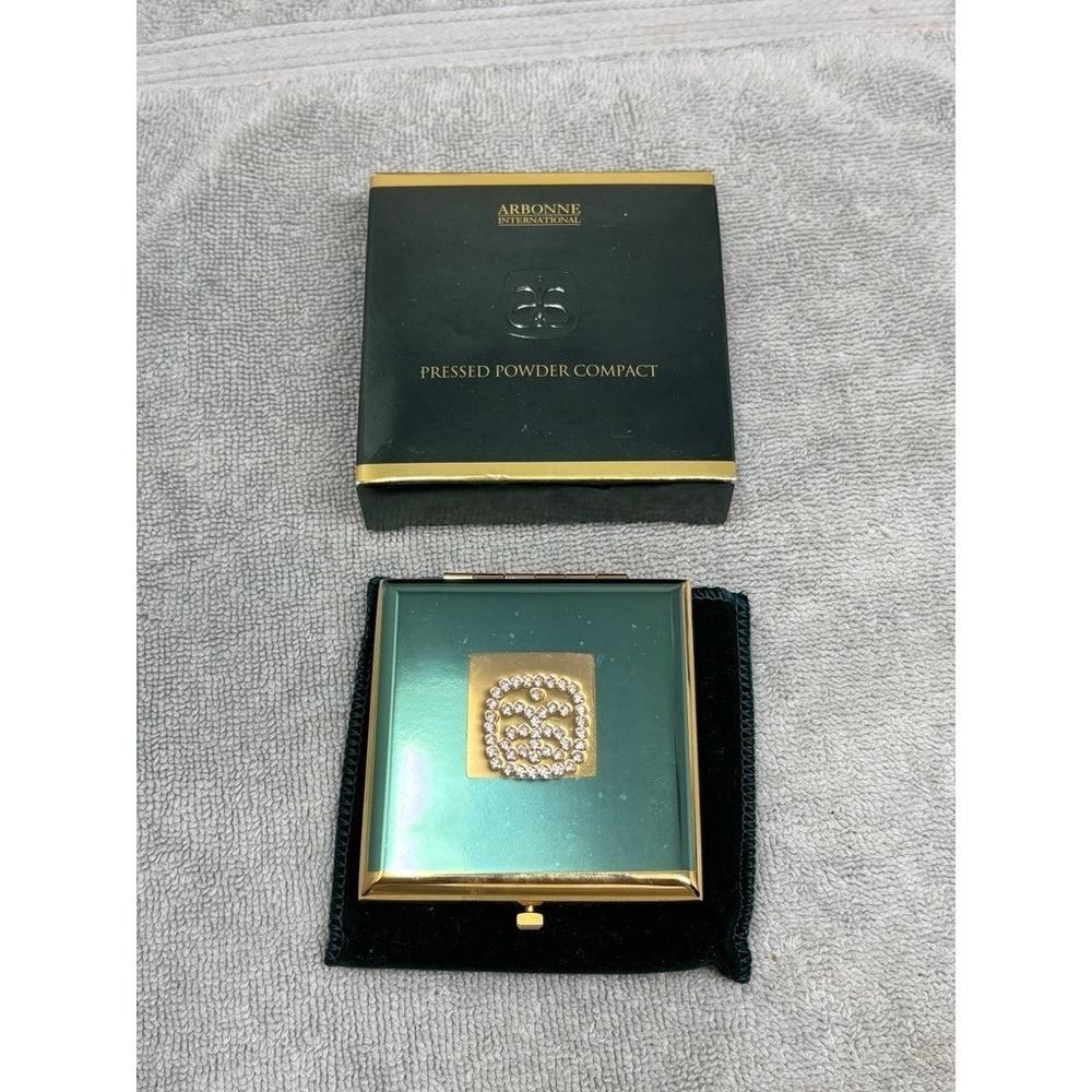 Vtg Arbonne Powder Compact Mirror Gold Crystal Refillable NEW - Picture 2 of 9